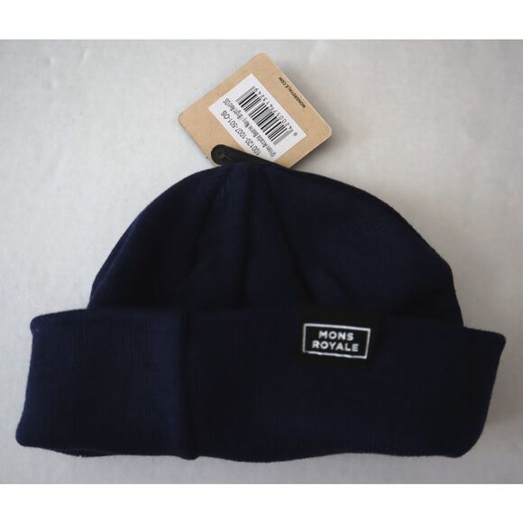 Mons Royale Unisex O/S Navy Blue/Bright Red Arcadia Merino Wool Beanie Hat - Picture 4 of 6